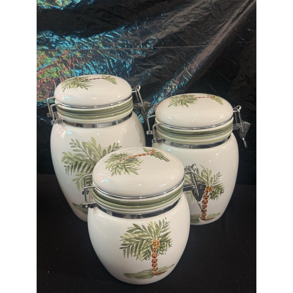 Elite Gibson Set Of 3 Airtight Palm Tree Hand Painted Dual Sided Canister Set